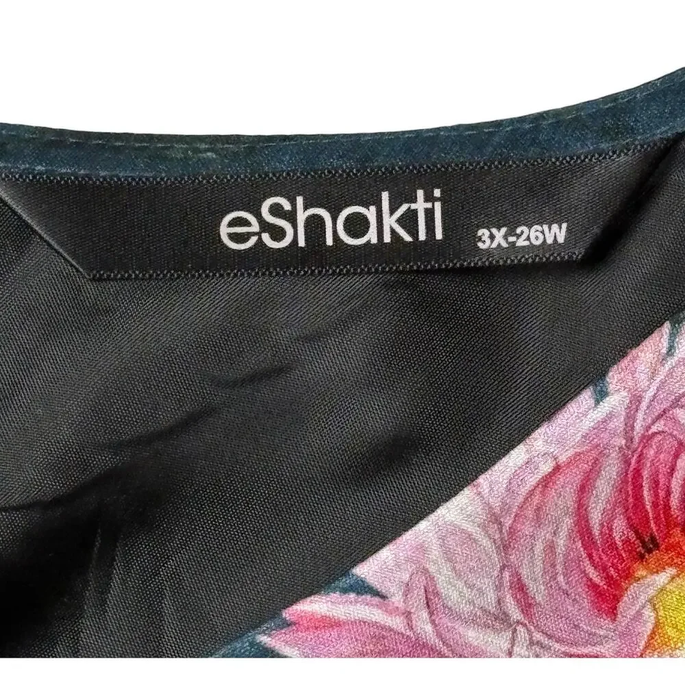 eShakti Fit & Flare Floral Taffeta V-neck Maxi Dress Women's Plus 3X Blue Pink - Picture 6 of 9